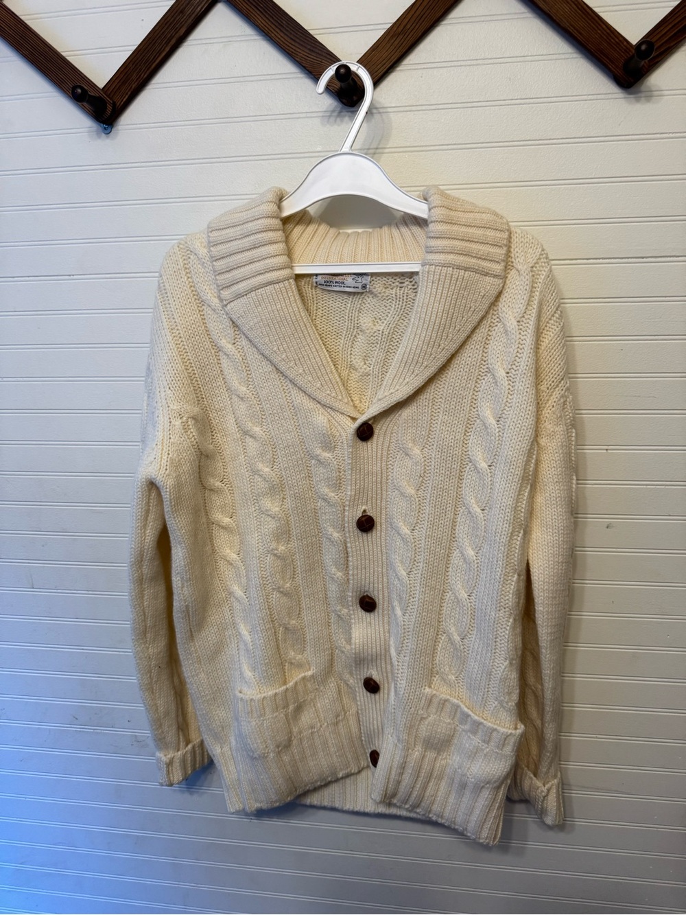 Vintage 100% wool Cable Knit Shawl Collar Cardigan Sweater - Cream